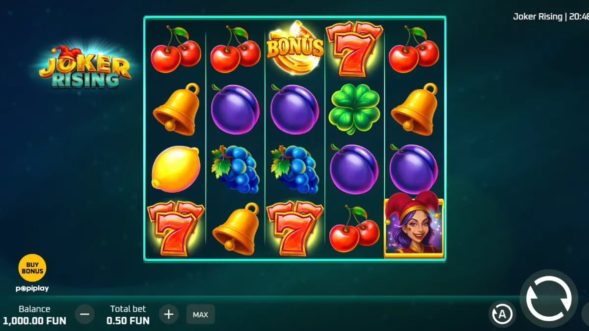 Tampilan visual slot Joker Rising dengan simbol buah neon dan latar belakang modern
