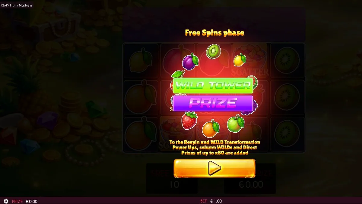 Tampilan visual slot Fruits Madness dengan simbol buah yang cerah dan berwarna-warni